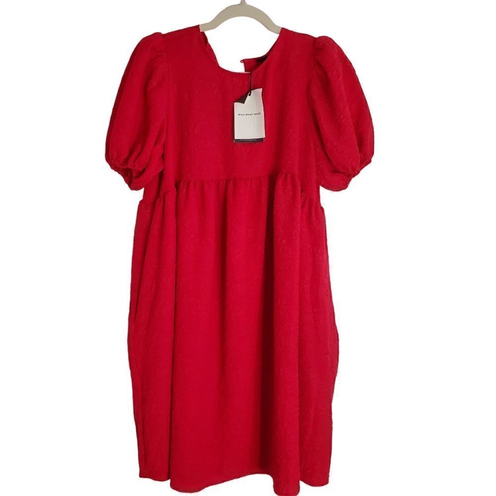 Scoop neck Puff Sleeves Red Dress Women Size M